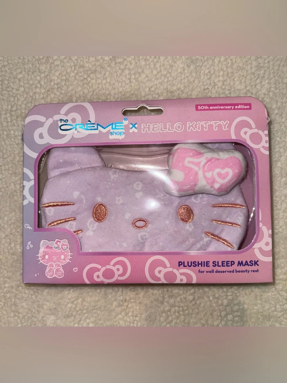 Sanrio Hello Kitty Plush Lavender/Pink Eye Mask Limited Edition 50 Anniversary